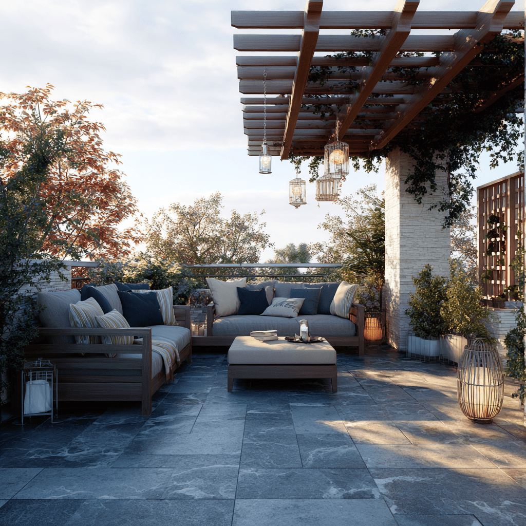 Stunning multi-level outdoor living space with integrated retaining walls and professional landscaping