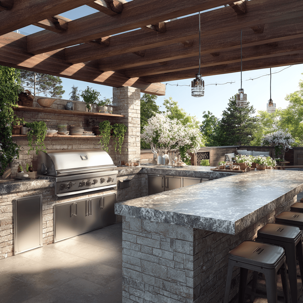 Luxury outdoor kitchen with premium stone work and built-in grilling station