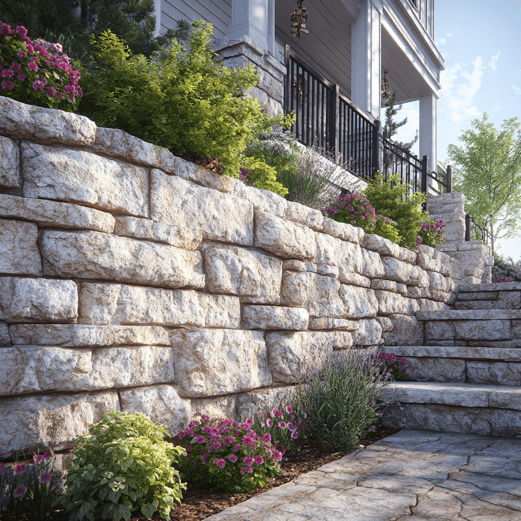 Modern engineered retaining wall with natural stone facing and integrated drainage